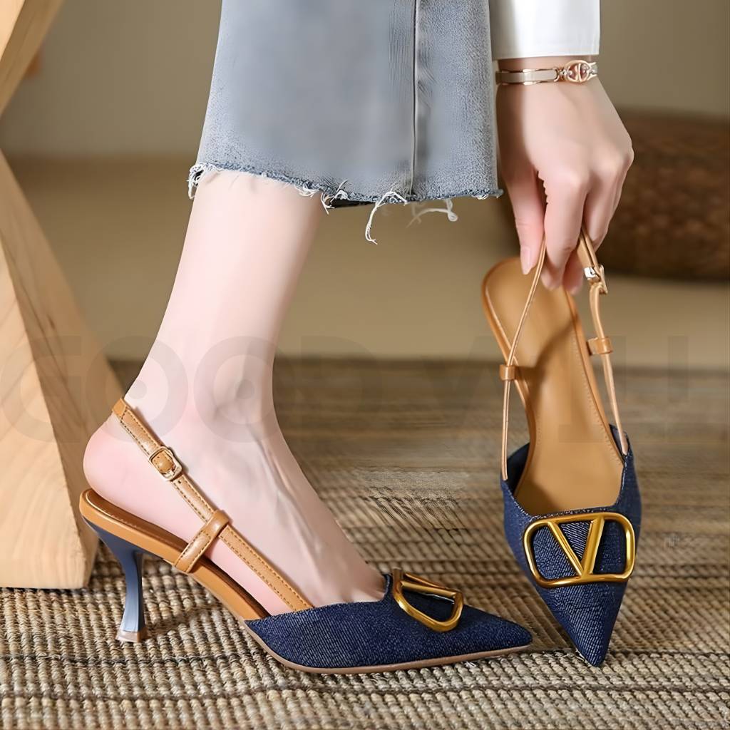 Elegant Women Pointed Toe Mid Heel Pumps with Gold Buckle Detail