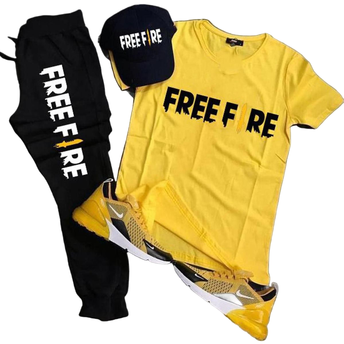 Men's Summer Free Fire Printed Track Suit Pack of 2 Yellow & Black Cotton Jersey T-Shirt And Trouser Casual Gym Wear Set