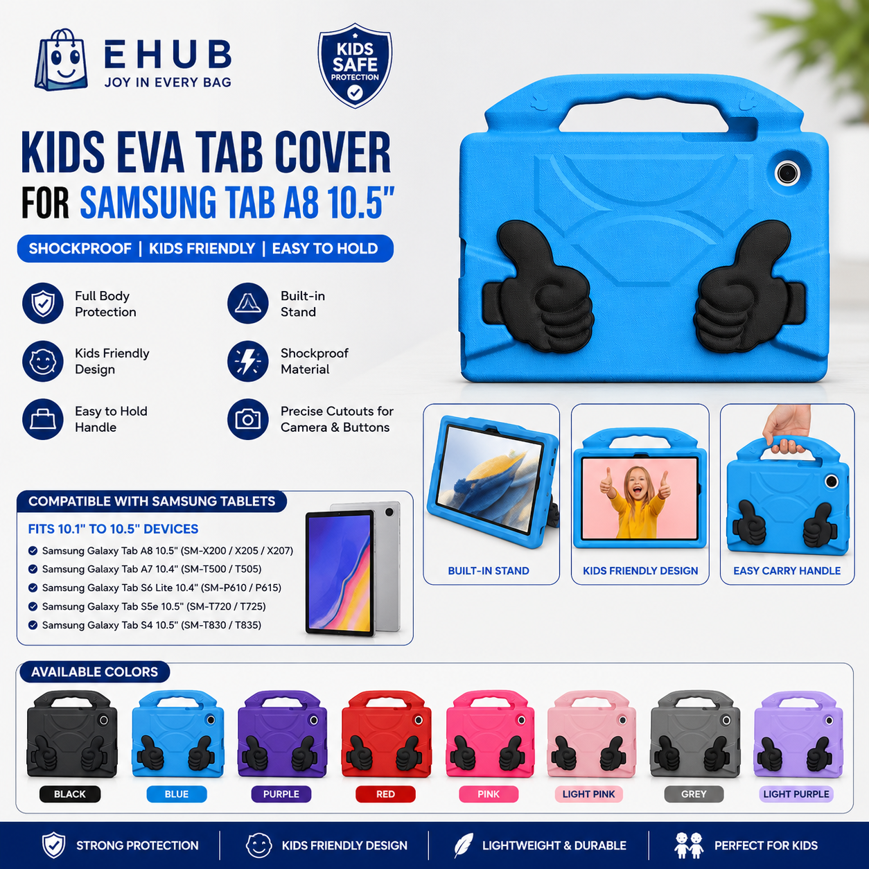 OK THUMB Shockproof Tablet Case 10.5 Inch for Sam Galaxy Tab A8 (X200/X205), S6 Lite 2020/2022/2024, Tab A7 T505/T507 – Heavy Duty Protective Cover with Thumb Grip Handle