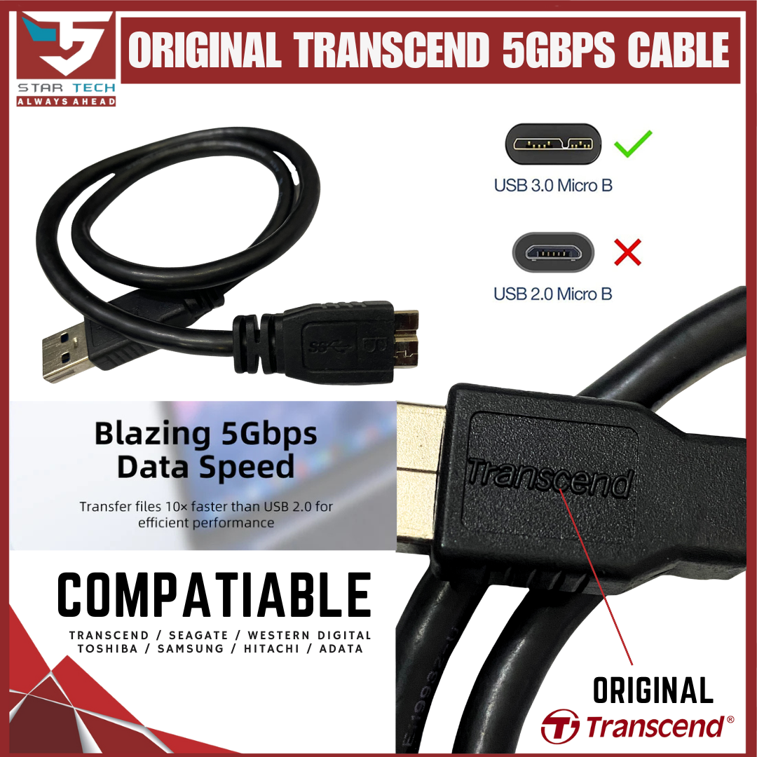 Original Transcend USB 3.1 A to Micro B SuperSpeed Cable for WD/Seagate/Toshiba/Samsung/Hitachi External Hard Drives (branded used)
