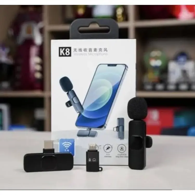 Wireless MIC K8 MICROPHONE Vlogging Mic With Microphone Accessories Video For Type C Android, IOS Lightining & 3.5mm Jack