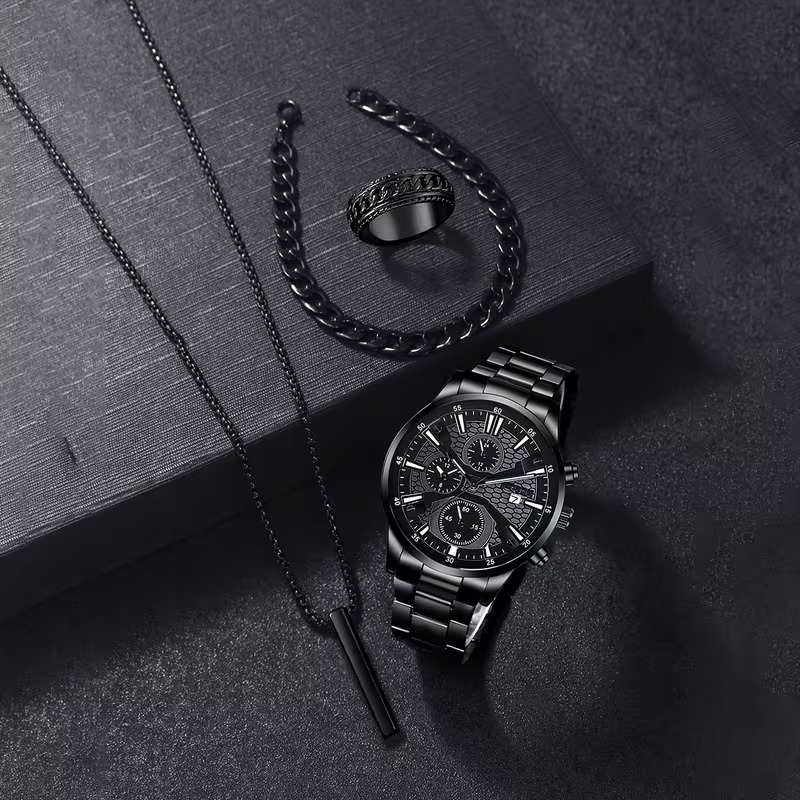 Fashionable 4pcs Men's Quartz Watch Set with Calendar Function Round Dial, Electronic Drive & Pointer Display, Including Pendant Necklace Bracelet& Ring Suitable for Daily Wear