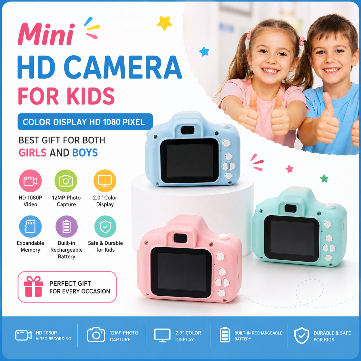 Mini Rechargeable Kids Camera 1080P HD | Digital Photography and Video Toy Camera with 2.0 Inch Color Screen | Portable Lightweight USB Rechargeable Camera for Children | Best Birthday Gift for Boys and Girls Ages 5 to 10 Years Old