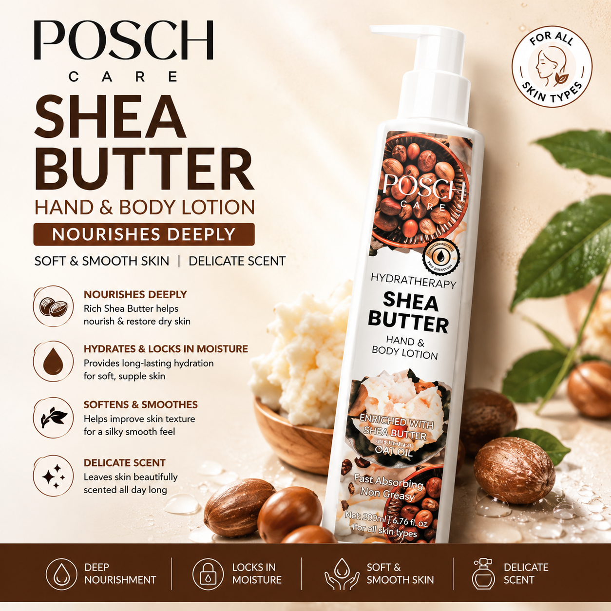 Posch Care Shea Butter Hand & Body Lotion 230ml | Nourishes Deeply | Soft & Smooth Skin | Delicate Scent