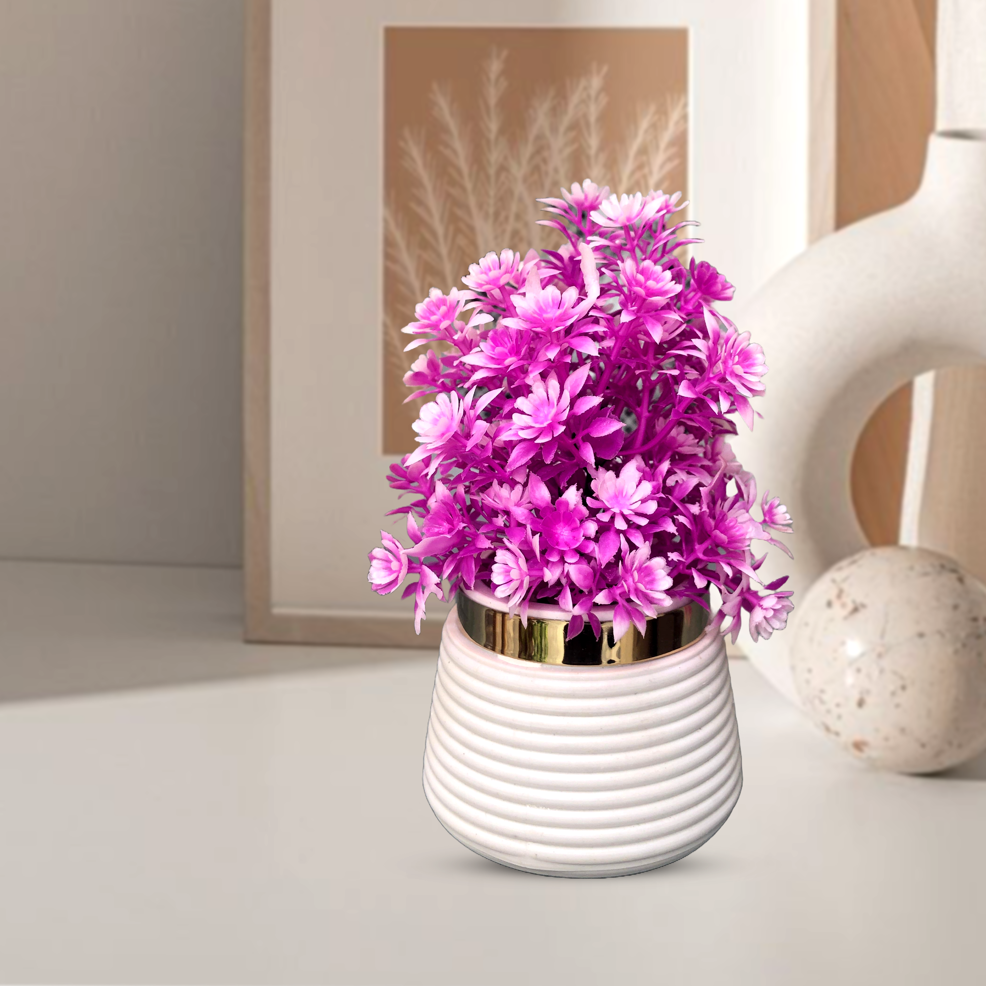 Artificial Pot Decor Potted Flowers Mini Plants with white pot, Natural Lifelike Flowers for Room Indoor Home Office Desk Shelf Decor, 15.50 cm height in 4 colours