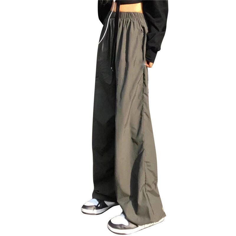 Women Cargo Pants Black Wide Leg Parachute Pants Vintage 90s Drawstring