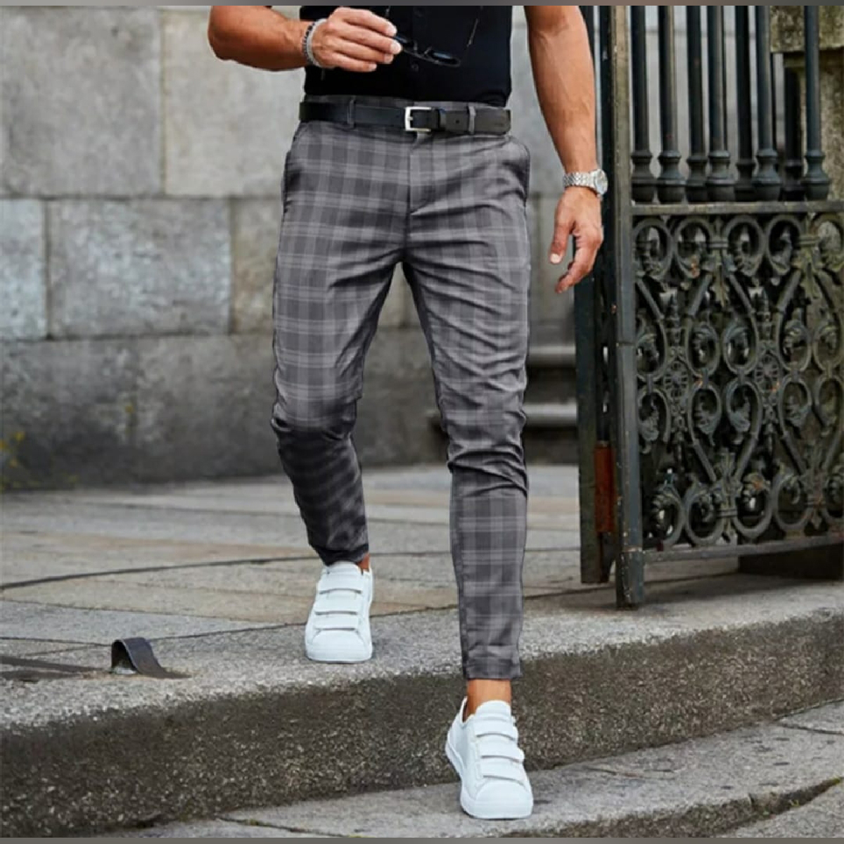 Brand Plaid Pants Men Elastic Male 