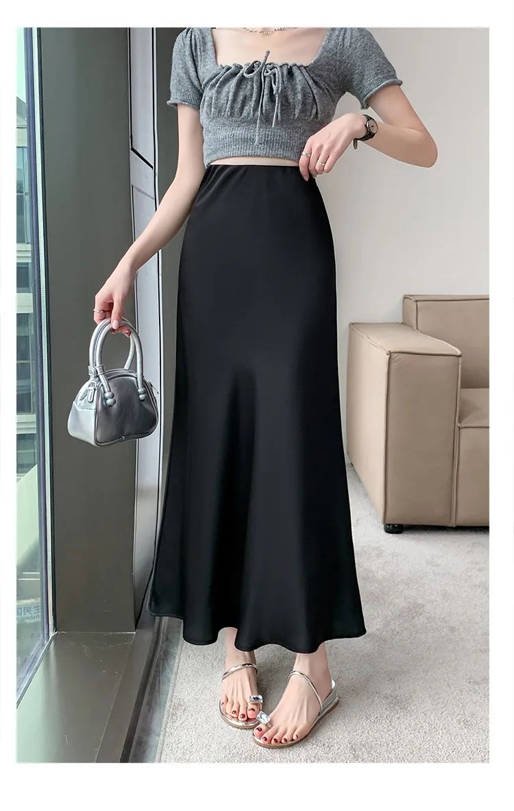Premium Silk Casual Spring/Summer 2025 Long Solid Fishtail Skirt for Women - Elegant, Comfortable, Versatile (XS-XL)
