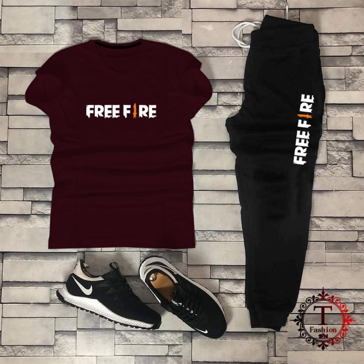 Free Fire Printed Tracksuit For Mens & Boys - Fabric T Shirt For Mens & Trouser For Mens maroon