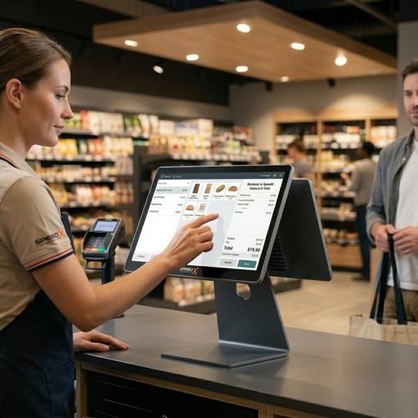 Speed-X POS  Dual Display All-in-One POS System 15.6-Inch Full HD Touchscreen 1920×1080 Main Display  11.6-Inch Customer Display, Intel Core i5 8th Gen, 8GB DDR4 RAM, 128GB mSATA SSD, Windows 11, WiFi