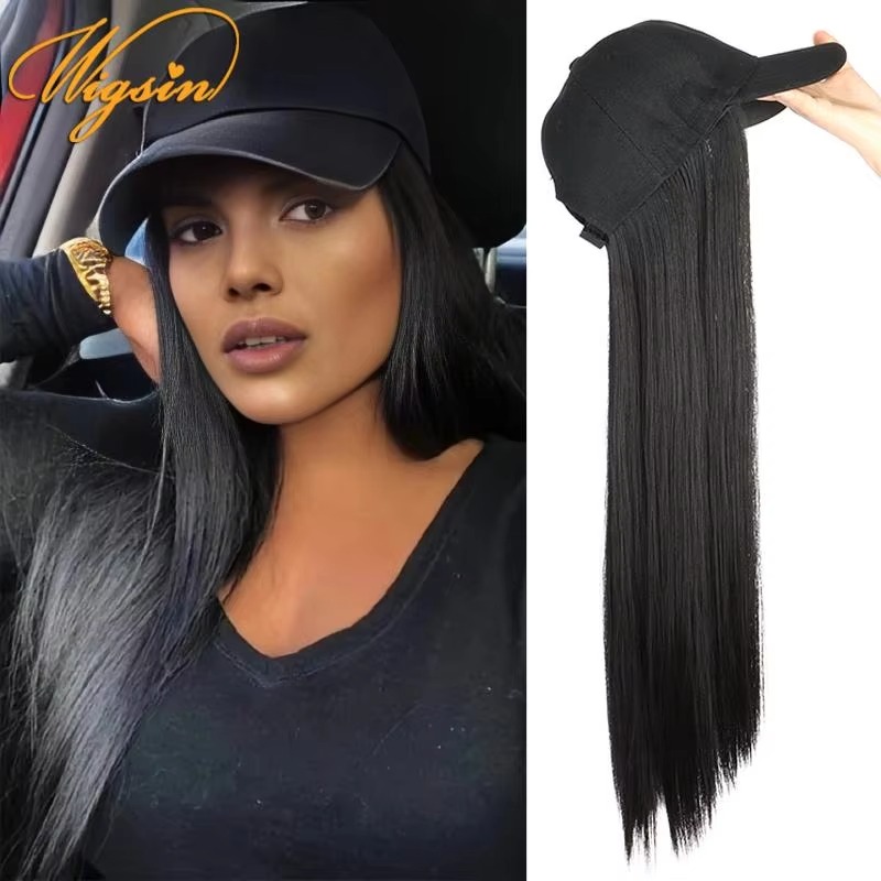 Long Synthetic Baseball Cap Hair Wig Natural Black / Brown Straight Wigs Naturally Connect Synthetic Hat Wig Adjustable For Girl