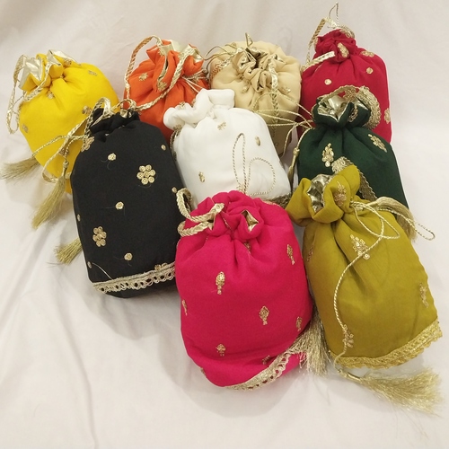 Fancy Embroidered Gol Potli Clutch for Women with Golden Gota Lace and Chiffon Fabric