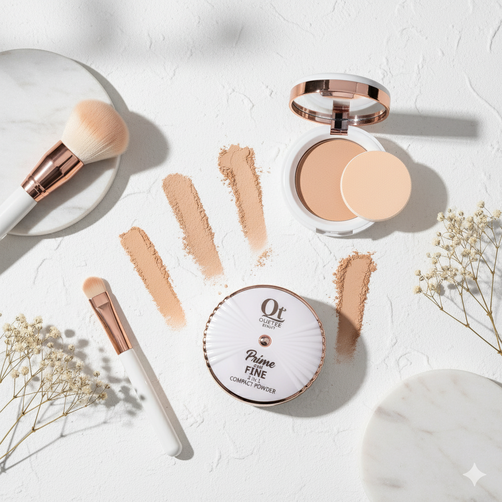 QT Quetee Korean 2 in 1 Prime & Fine Compact Powder for Women & Girls, Multipurpose Makeup Fixing Powder for Flawless Finish, Shine Control , Prime & Fine Mattifying Double Face Powder, 24H Fresh Wear Double Compact Pressed Powder with puff