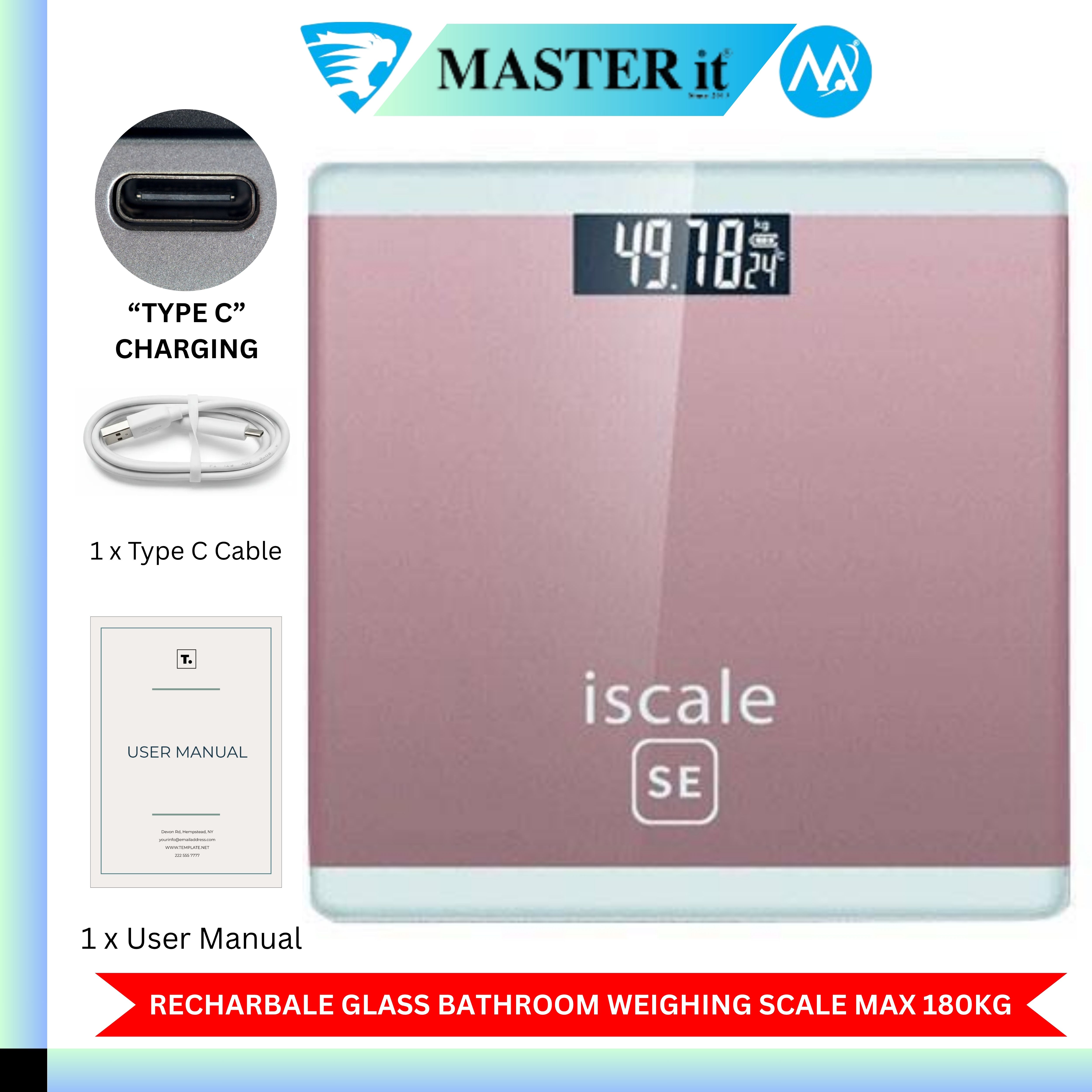 Upto 180kg iScale Type C Charging Rechargeable Weight Machine - Digital Heavy Duty Electronic Weighing Scale with Type C Charging Dual LED Display - Weight Machine With Durable Steel Quality - For Home & Personal Use - Black/Golden/Pink/Silver