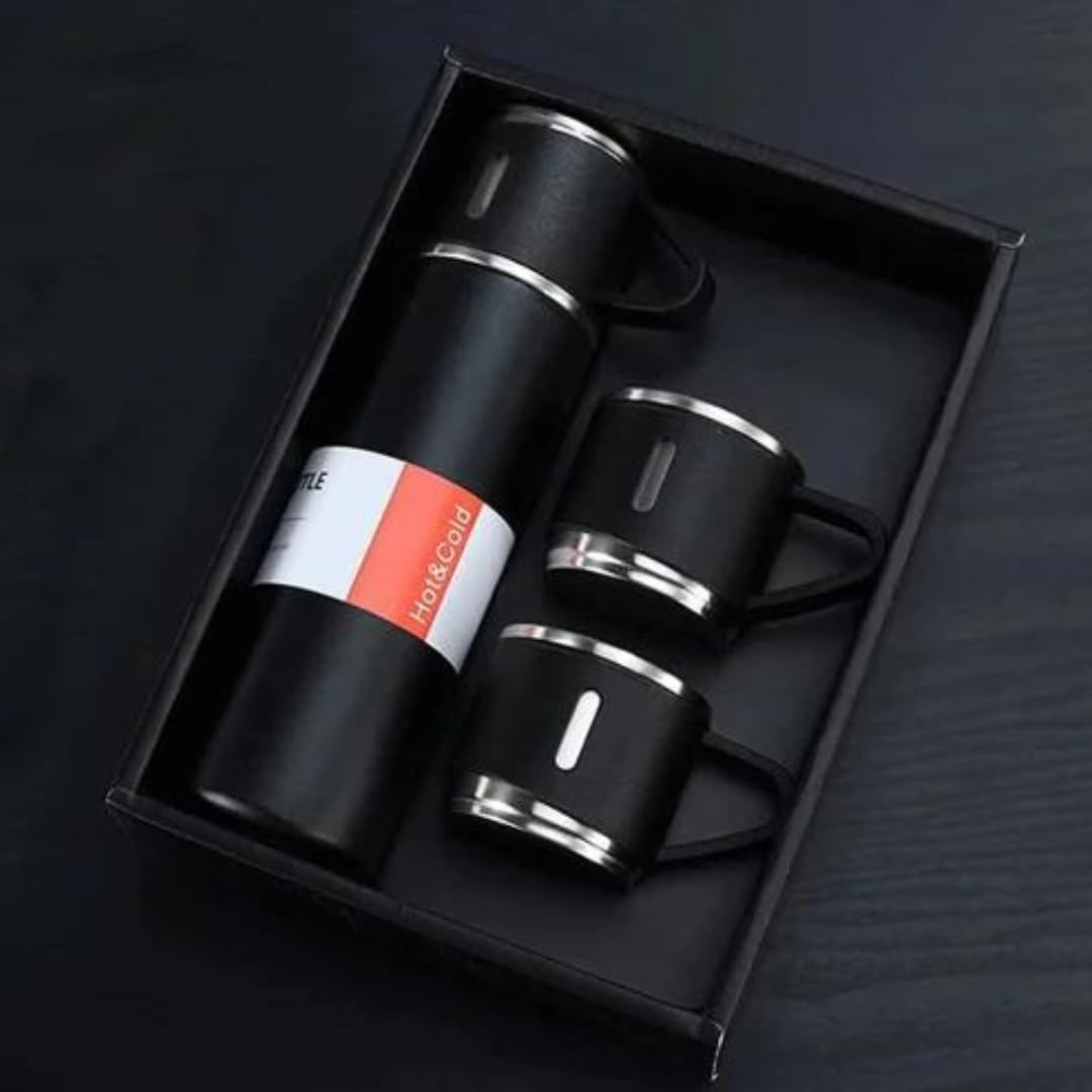 "500ML STANLESS" steel water bottle - temperature water bottle - vaccum bottle -stainless Steel Vacuum Insulated Thermos 500ml (3pcs) With Extra 2 Cups Stainless Steel Thermal Bottle for Hot and Cold Beverages with Coffee Water Cup Travel Kit Perfect Gift