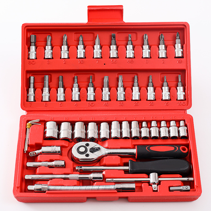 Imported 46 in 1 Pcs Combination Wrench Set Socket for Car & Bike Repairing Hand Tools Long Handle Kit 46pcs Tool sets Combo Tools Repair 1/4" Ratchet Torque Box for Spanner Force Kit, Tools Set wrench sets