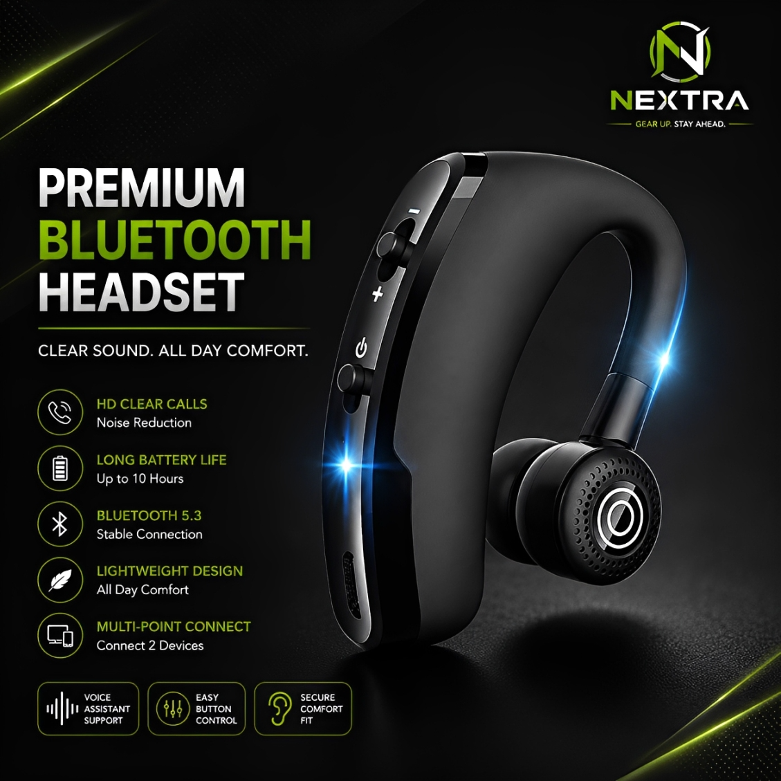 V9 Wireless Bluetooth Headset | Single Earphone Handsfree | Bluetooth Earpiece | Compatible with All Bluetooth Devices.