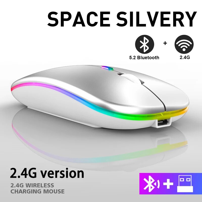Rechargeable - Wireless Mouse Ultra Slim Gaming Mouse RGB Dual Mode 5.1 Bluetooth Mouse Rechargeable Battery Gaming RGB USB Wireless Optical Mouse With Silent Clicks Black 2.4G Backlit Mice - Plug and Play For Laptop, PC, Computer, Smart TV