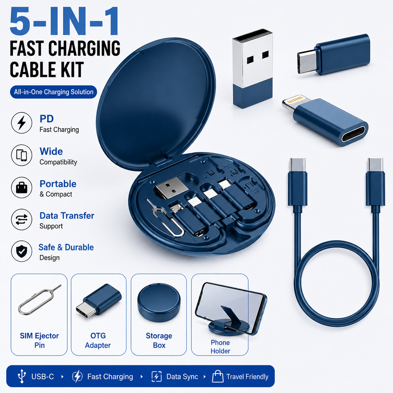 5-in-1 charging cable, PD fast charging cable, USB-C fast charger, ios charging cable, Android fast charging cable, portable charging kit, OTG converter cable, multi charging cable, travel charger kit, USB power delivery cable, foldable charging cable,