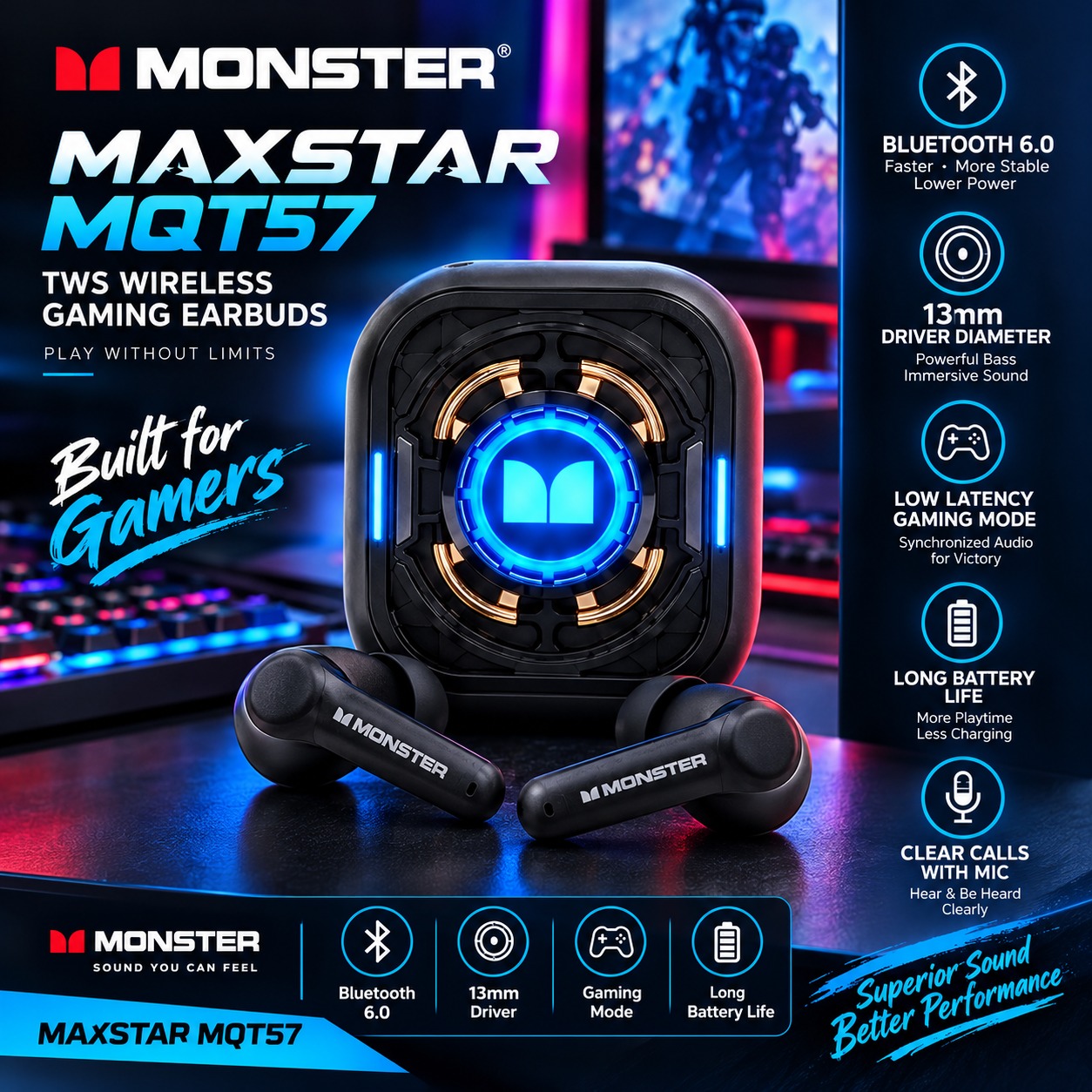 Monster Maxstar MQT57 TWS Wireless Gaming Earbuds