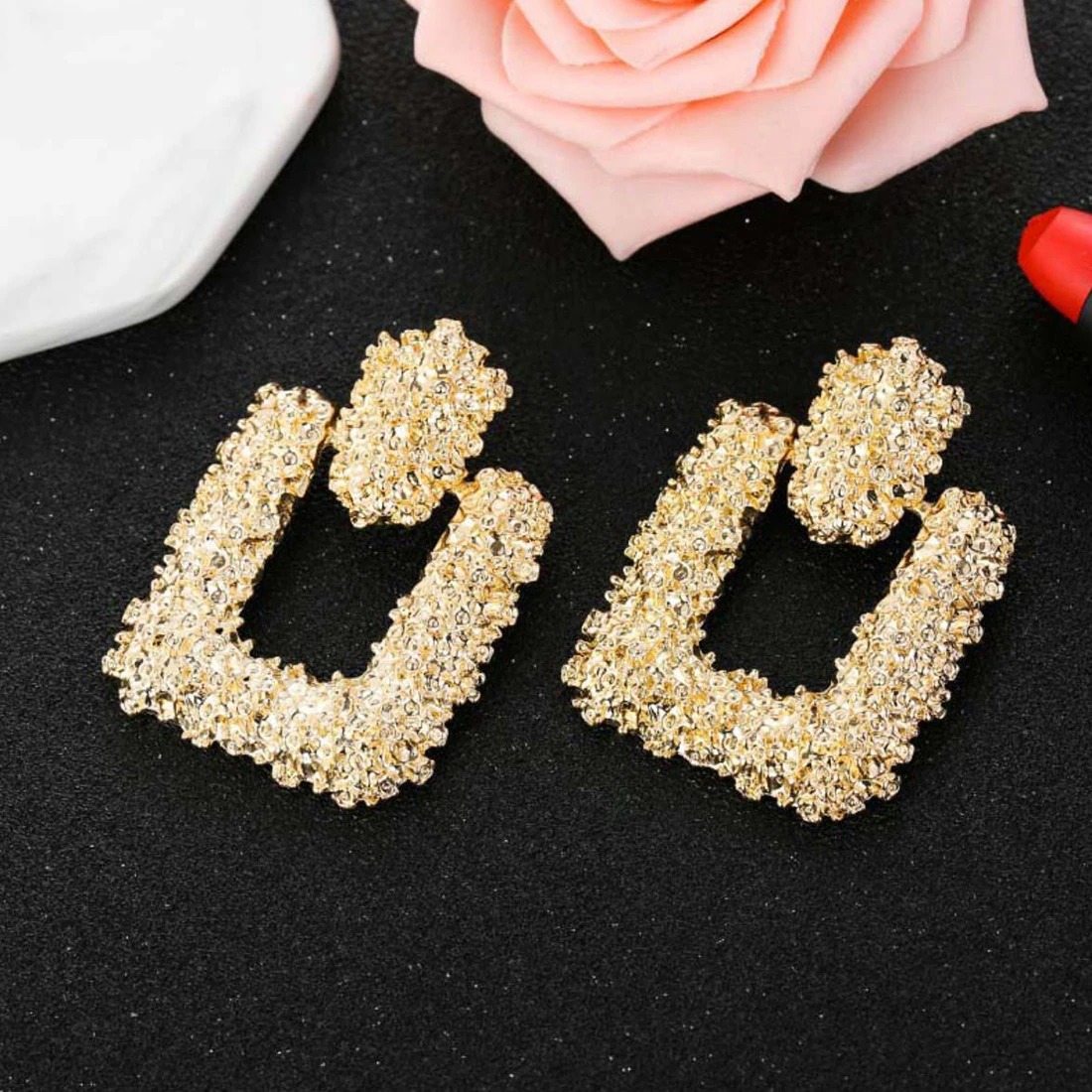 African Style Golden Square Earrings â€“ Trendy Drop Jewelry