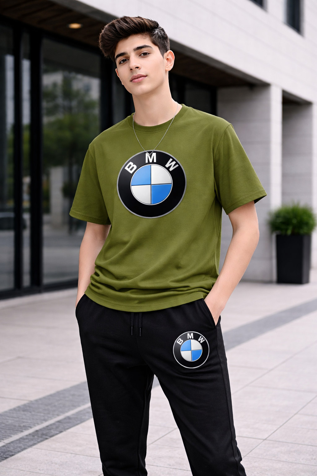 🚗 BMW 2PCS Summer Tracksuit for Boys & Teens | Olive Green T-Shirt + Black Trouser | Premium Casual Wear 🌿