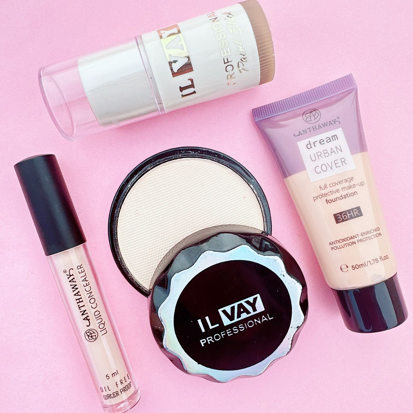 AnthaWay Deal Of 04 - Matte Foundation Tube + Liquid Concealer + Foundation Stick +  Pan Cake