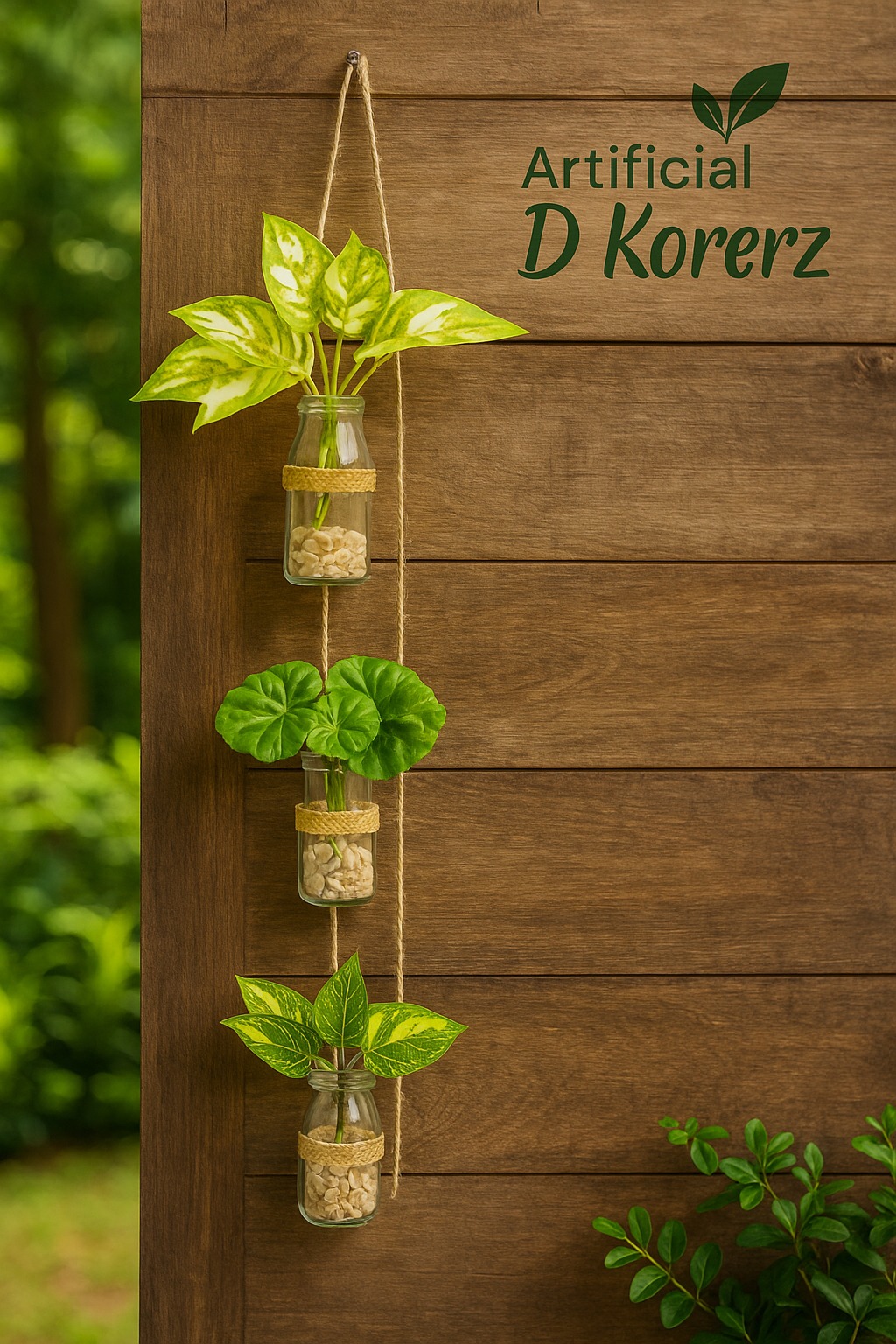 Hanging Bloom Bottles Wall Decor with Artificial Plants, Jute Rope and Decorative Stones