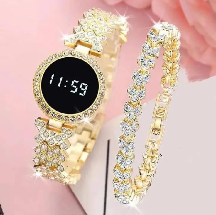 Diamond Digital Touch Screen LED Watch For Girls With Bracelet - Wrist Watches in Round and Square Dial For Women's With Diamond Stainless Steel Chain - Ladies Silver Jewellery Watches