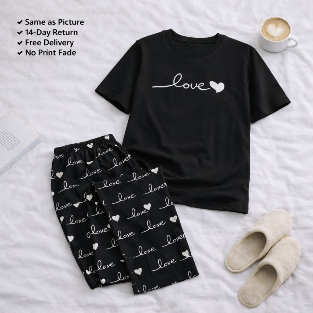 Love Sleep T-Shirt & Star Print Trouser Nightwear Set for Women, Girls & Kids, Soft Cotton Jersey Summer Pajama, Sleepwear and Loungewear Suit, Night Dress Style Home Wear, Breathable Relax Fit T Shirt Pajama Set (S-XL | 7-14 Years)