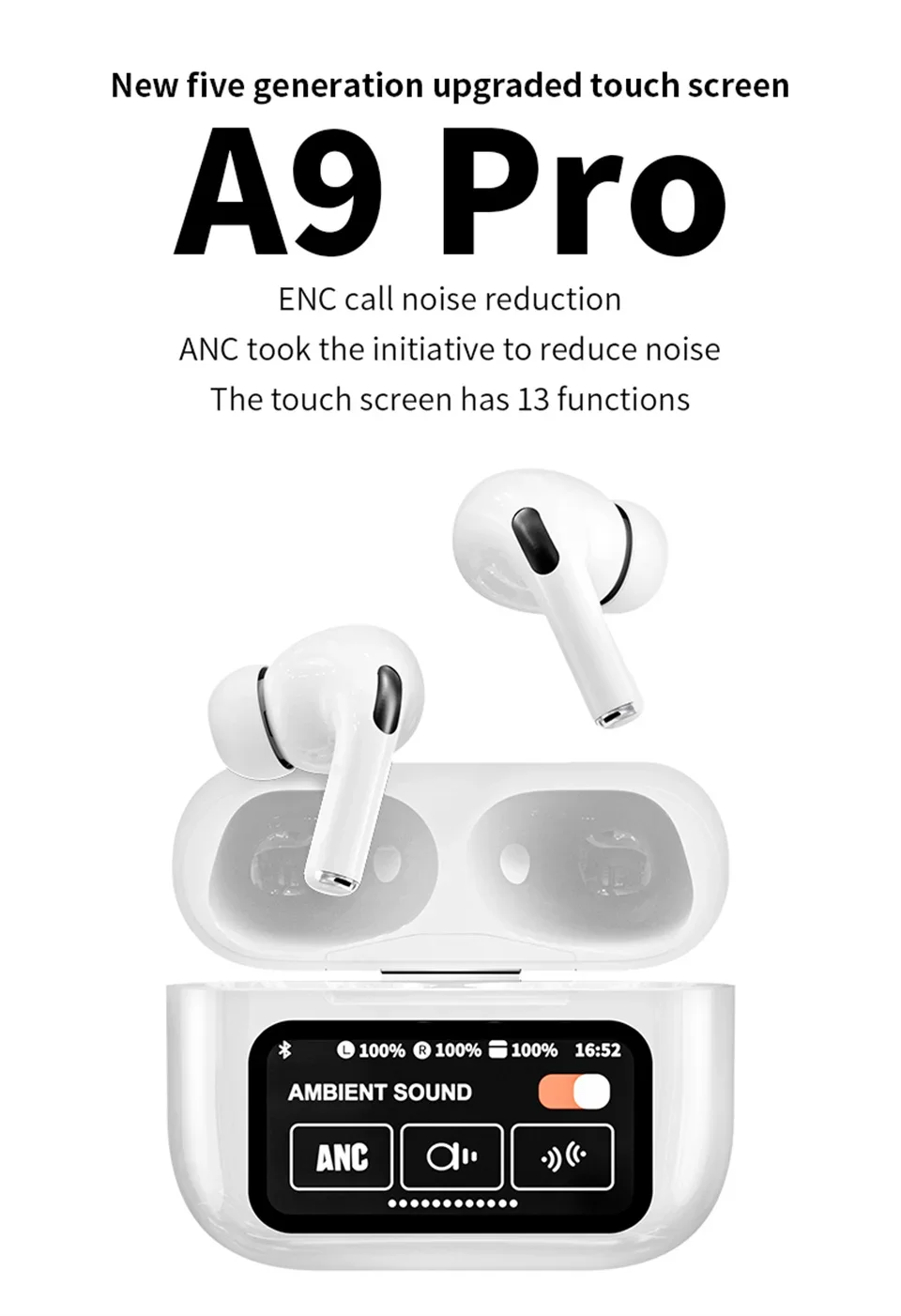 AIRPODS A9 PRO Touch Screen ANC/ENC Noise Reduction, Touch Control Wireless  Headset TWS Noise Cancelling Earbud Bluetooth 5.4 Wireless Earbuds |  Daraz.pk