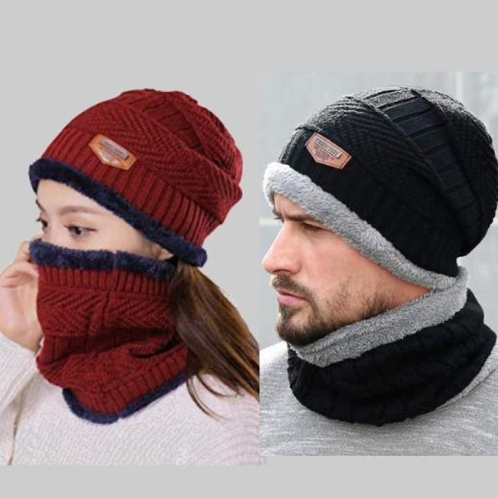 Winter Knitted Beanie for Men and Women - Velvet-Lined Warm Balaclava Cap  with Metal Mark