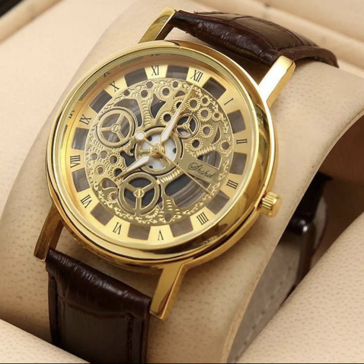 Luxury Skeleton Analog Wrist Watch for Men – Golden Case with Brown Leather Strap – Stylish Mechanical Look