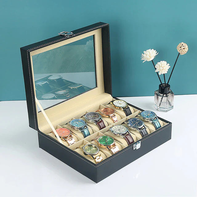 Watch Box for Men PU Leather Watch Organizer Storage Style Black Holds Up to 12 Watches