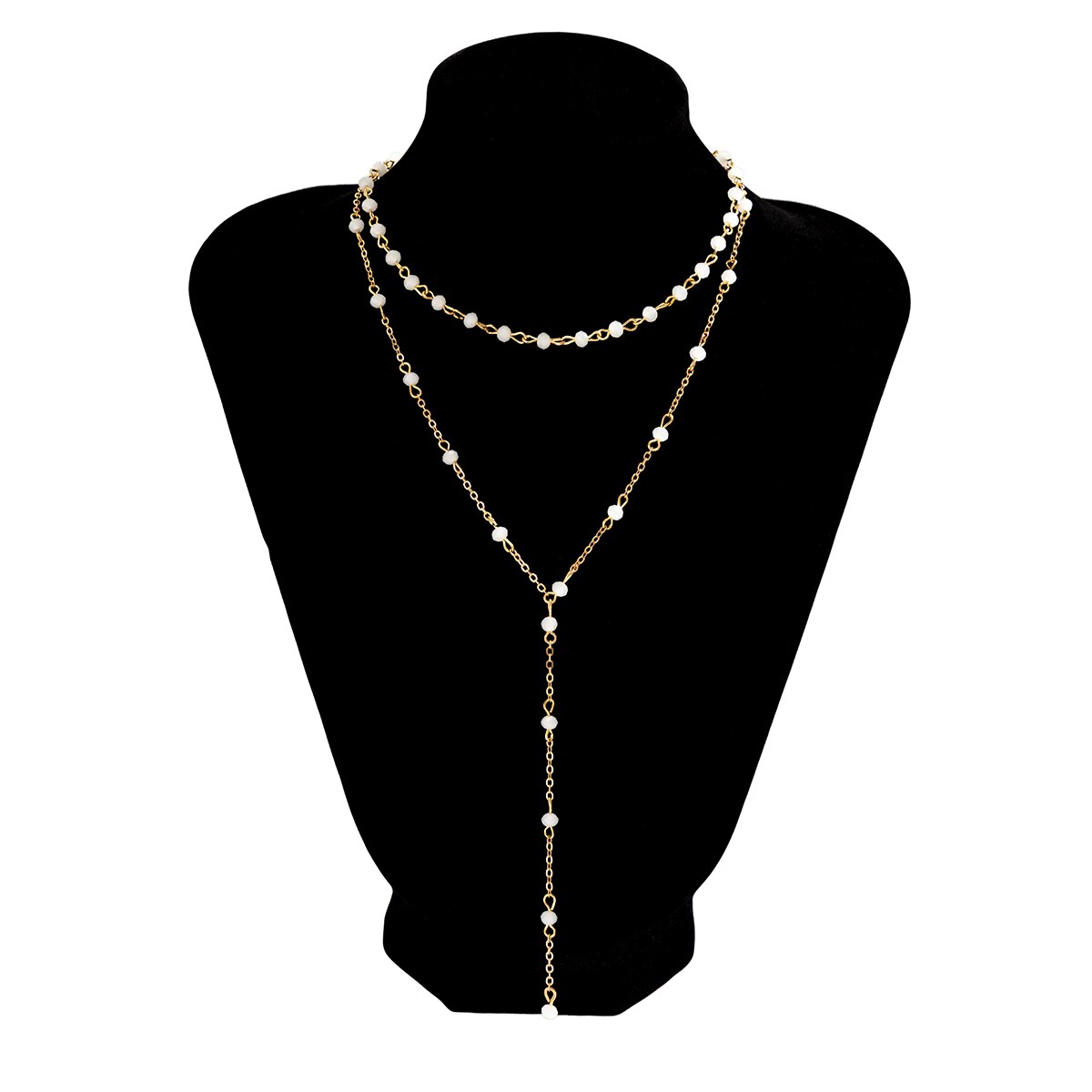 gold layered beaded necklace for women long chain pearl style drop dainty minimalist fashion jewelry gift for her | girls ladies party wear elegant boho chic trending statement necklace stylish everyday accessory for women & girls