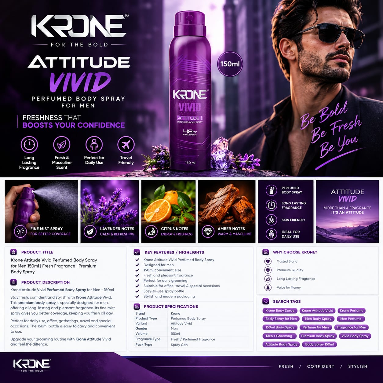 Krone Attitude Vivid Perfumed Body Spray for Men 150ml | Fresh Fragrance | Premium Body Spray