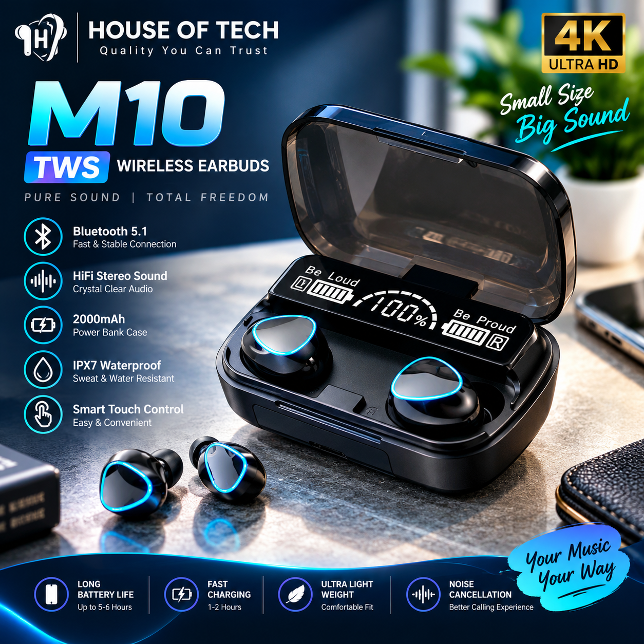 Original M10 TWS Wireless Earbuds | Bluetooth 5.1 Earphones with Touch Control, 2000mAh Charging Case, 9D Hi-Fi Stereo Sound, Built-in Microphone & Sports Headphones