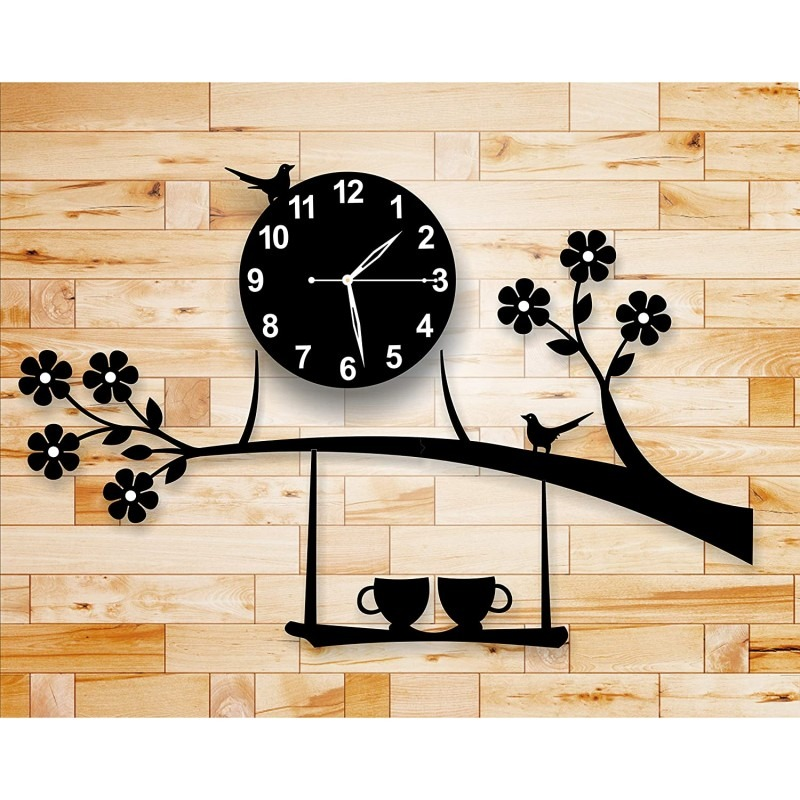 Birds on Tree with Coffee Cup Wooden Wall Clock Stylish Design Home