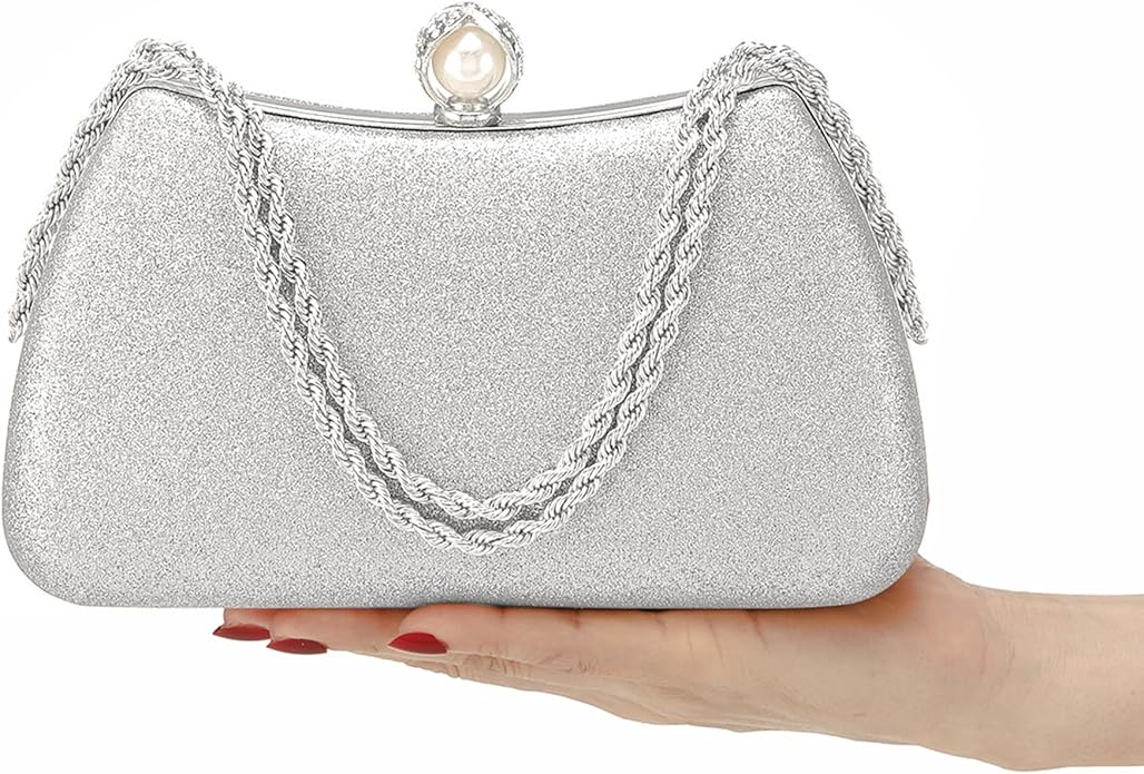 Glitter Evening Clutch Bag for Women – Fancy Bridal Purse with Pearl Clasp & Detachable Chain  Elegant Wedding & Party Handbag for Girls  Luxury Metal Frame Clutch