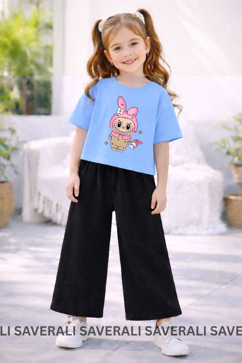 Eid Collection Kids Girls Labubu Printed T-Shirt & Flapper Suit | Soft Cotton | Cute & Comfortable | Ages 3–10 Years