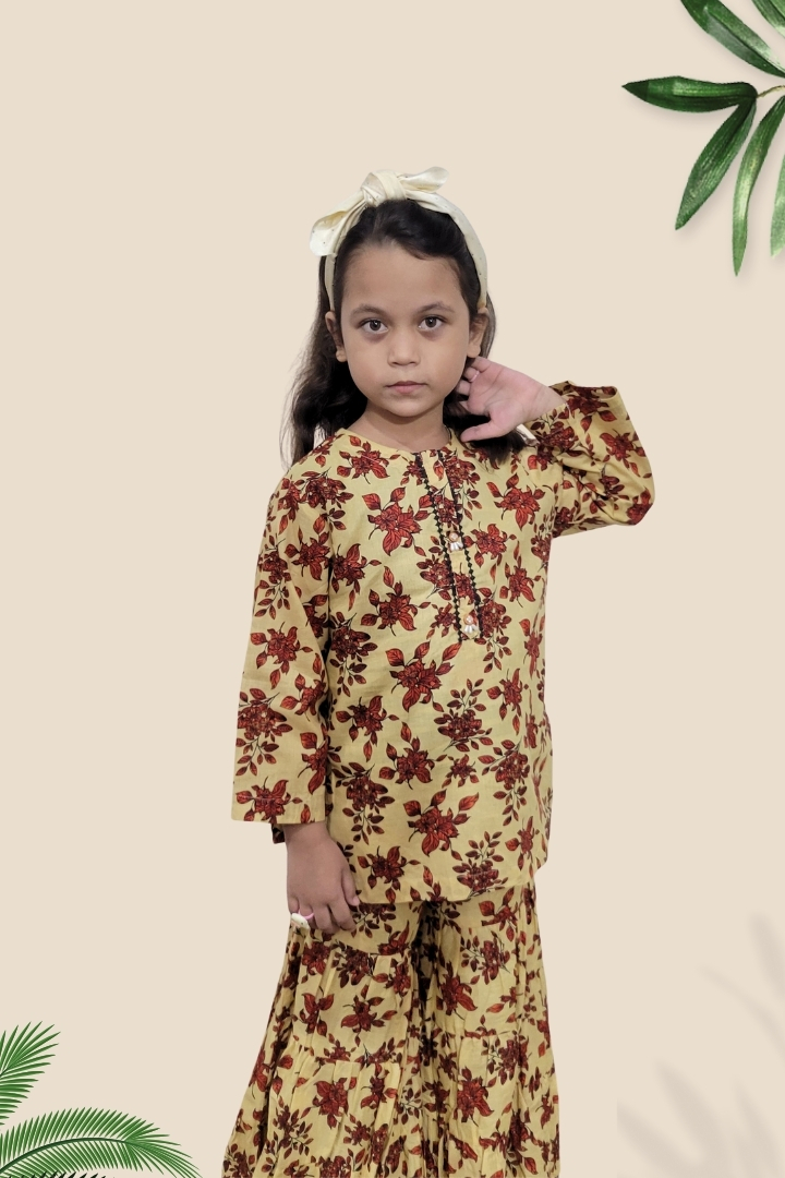 2 Pcs Girls Printed Suit Stitching Cotton