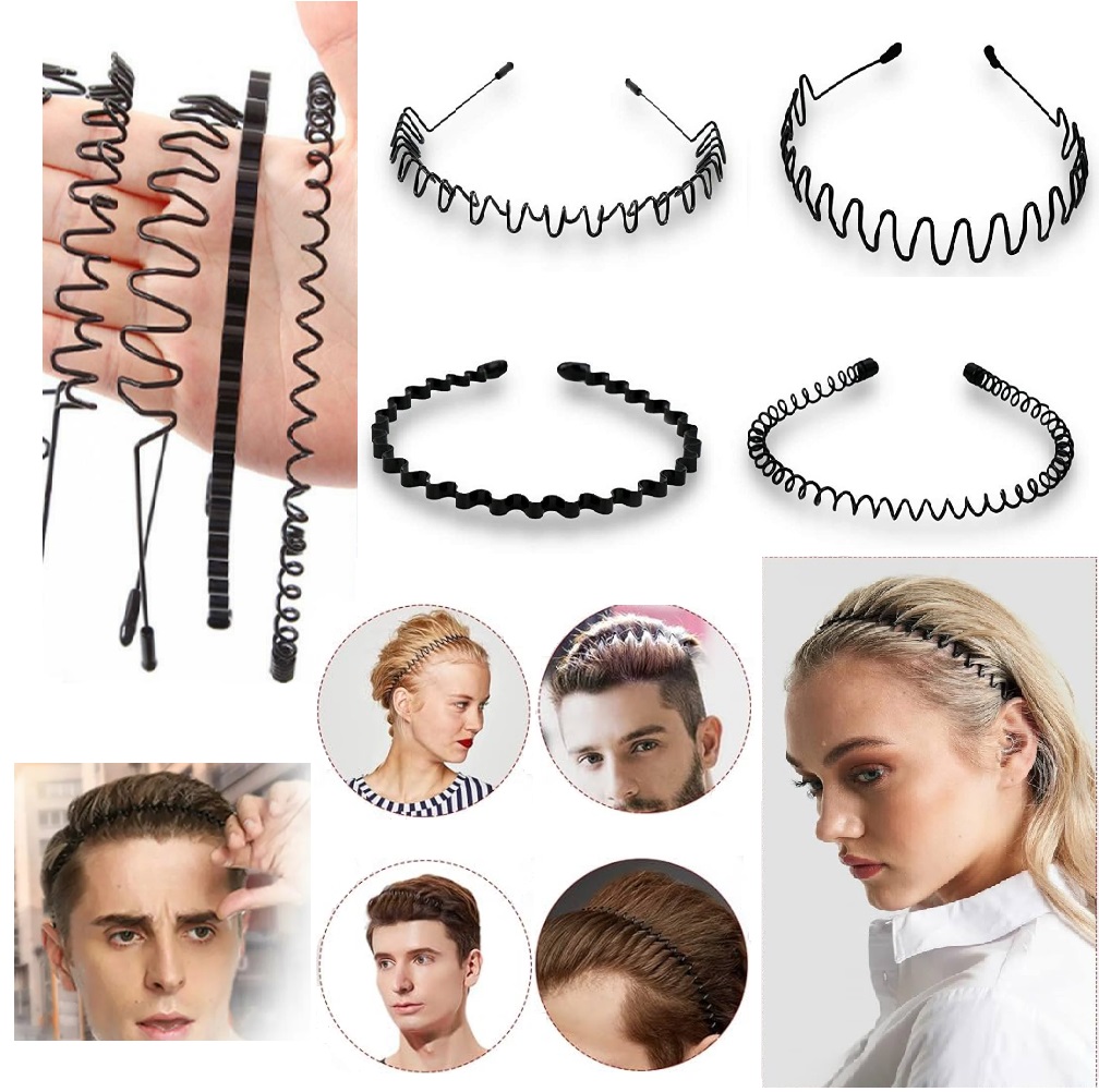 Pack of 4 Women Men Unisex Black Metal Spiral Wave Headband Hair Band