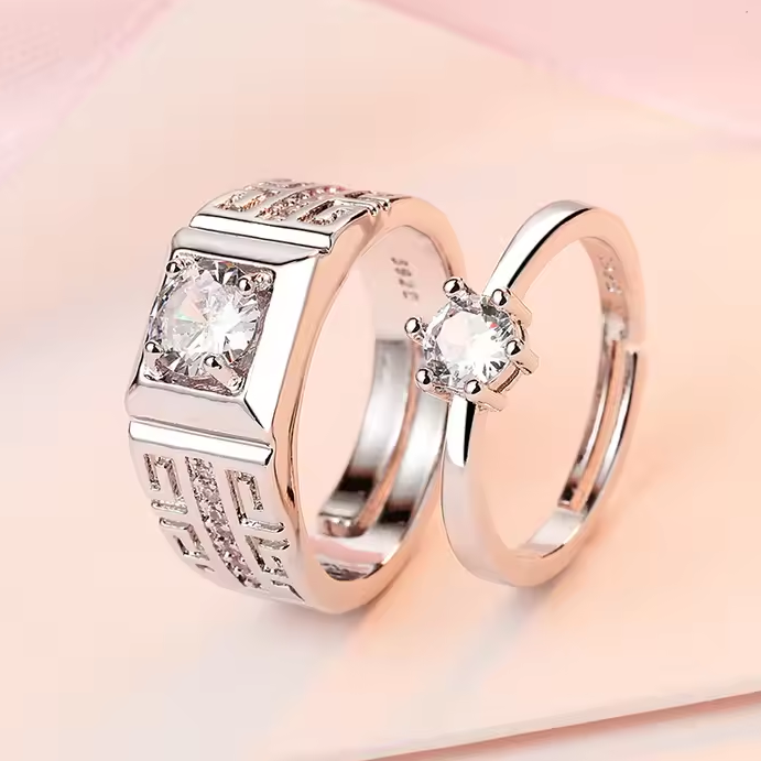 Luxury Couple Rings Women's Heart White Crystal Rhinestones Rings Set Men's CZ Stainless Steel Ring Wedding Engagement Jewelry