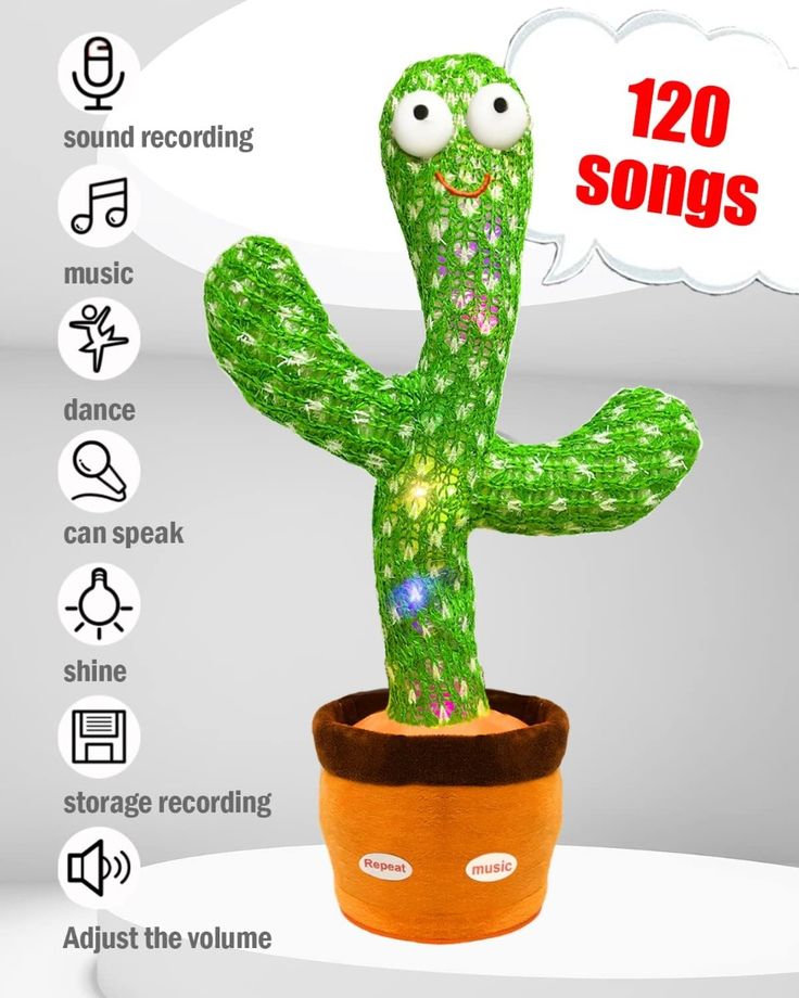 Dancing Cactus Talking Toy Kids Children Plush Electronic Toys Baby Singing Wriggle Voice Recording Repeats What You Say LED Lights Toddler Educational Funny Gift