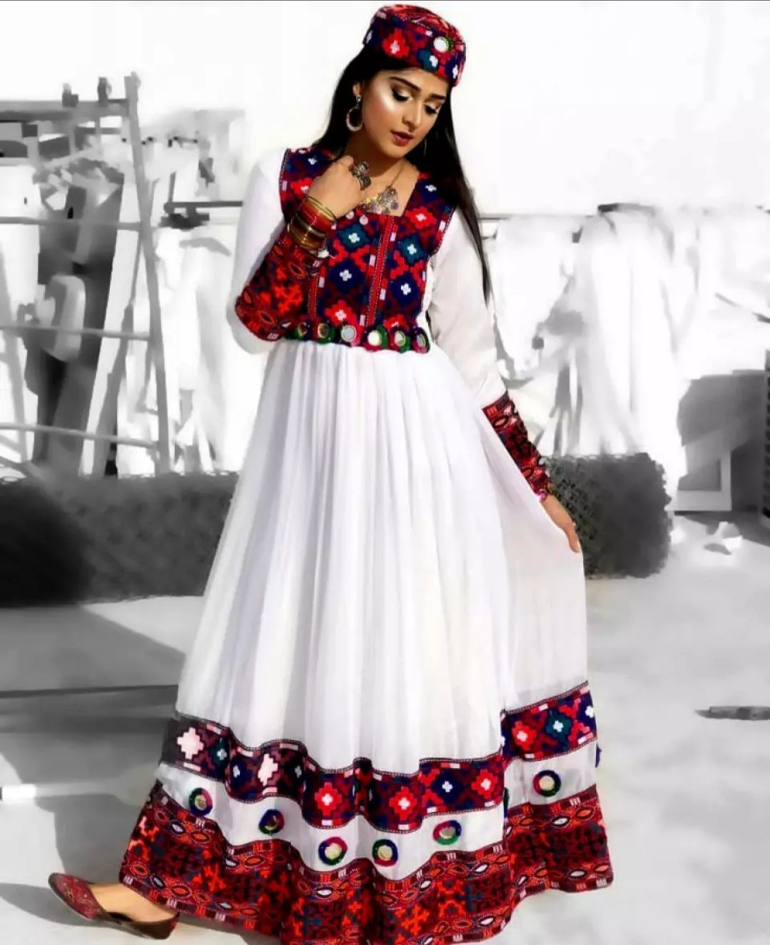 knee length dresses for ladies Afghan Velvet Handwork Charma Dozi Kuchi Dress For Women – Kuchijewels Pk main image 1