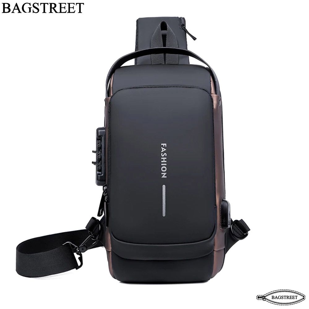BAGSTREET New Waterproof Anti-Theft Unisex Sling Crossbody Bag with USB Charging Port and Combination Lock - Black
