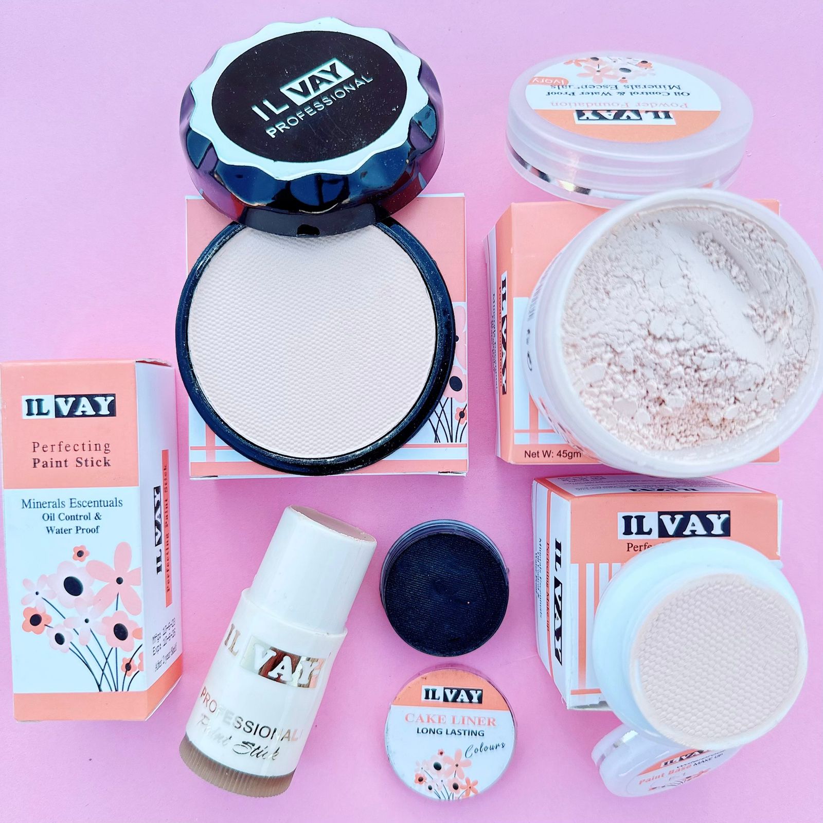 ILVAY - Deal of 05 - Foundation Stick - Pan Cake Powder - Foundation Loose Powder - Handi Base & Cake Eye Liner