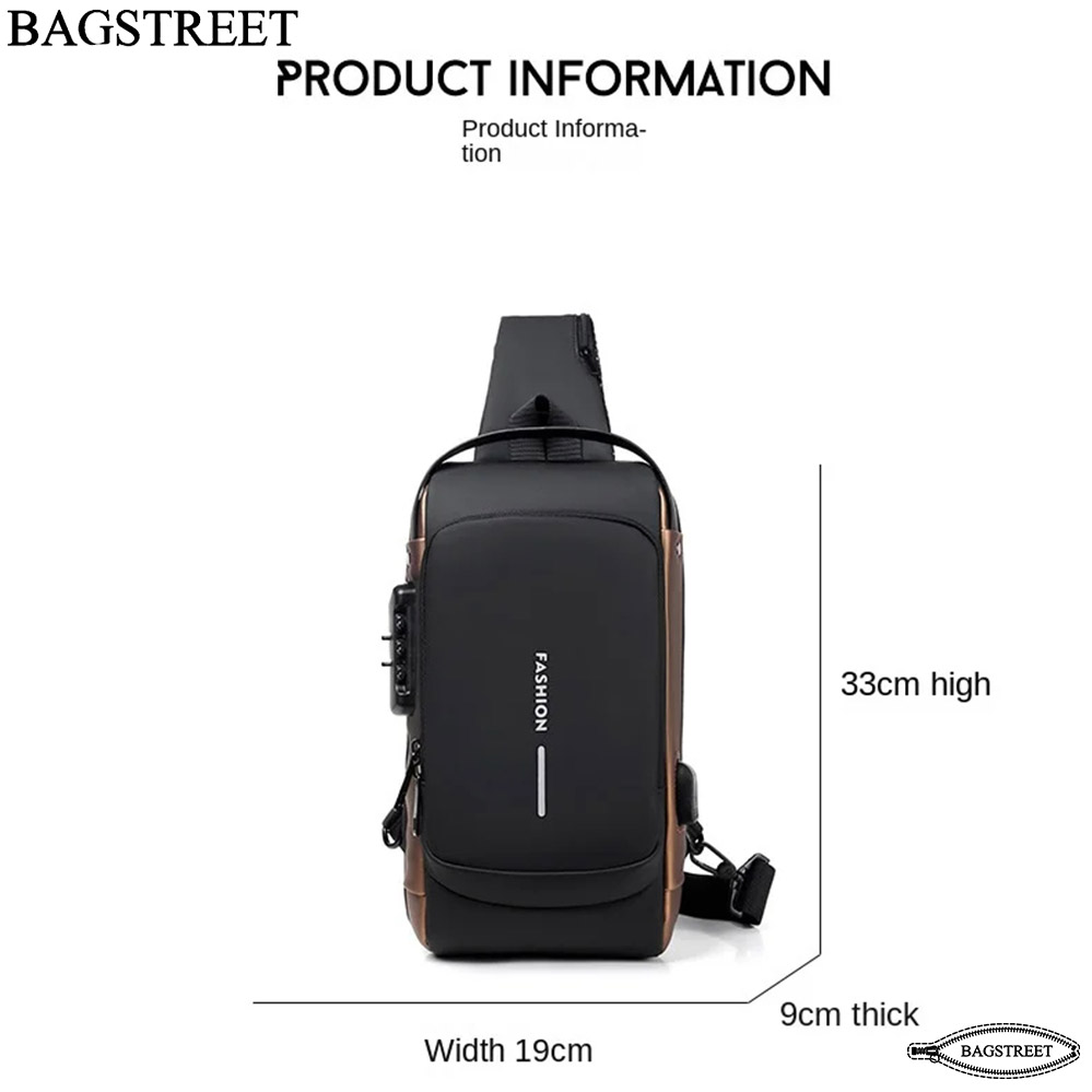 BAGSTREET New Waterproof Anti-Theft Unisex Sling Crossbody Bag with USB Charging Port and Combination Lock - Black