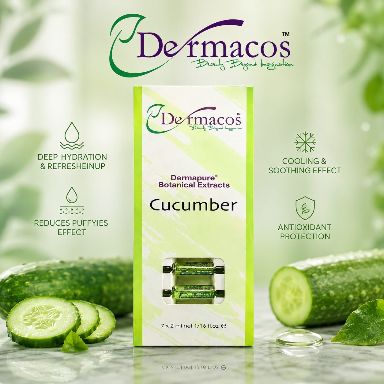 Dermapure Botanical Cucumber Ampoule () Pack of 7 | Skin Care Serum | 2ml