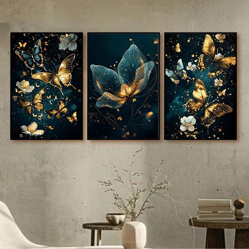 Dotz brand Pack of 03 Golden Butterfly Wall Art Set – 3 Piece Modern Frame – Luxury Butterfly & Flower Design for Living Room, Bedroom & Home Décor – Wall Decoration Items, Room decoration items –Home decoration items - Decorating item - Room Décor
